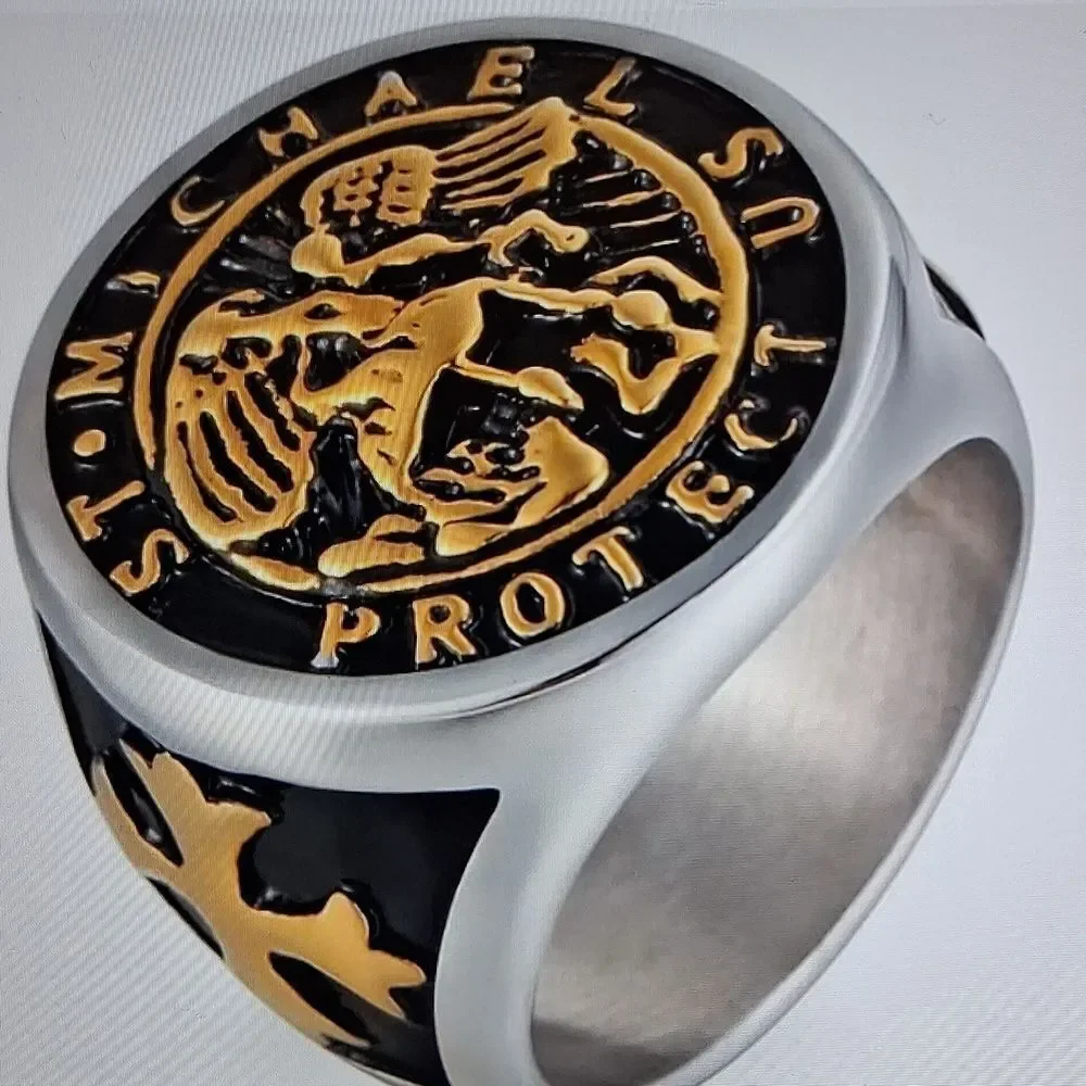 Stainless Steel St. Michael Ring - Black and Gold Size 11 Mens New In Box